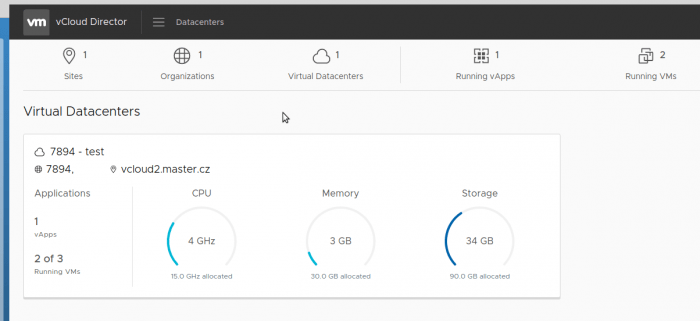 Screenshot from Cloud Director: overview of virtual running within virtual data center.