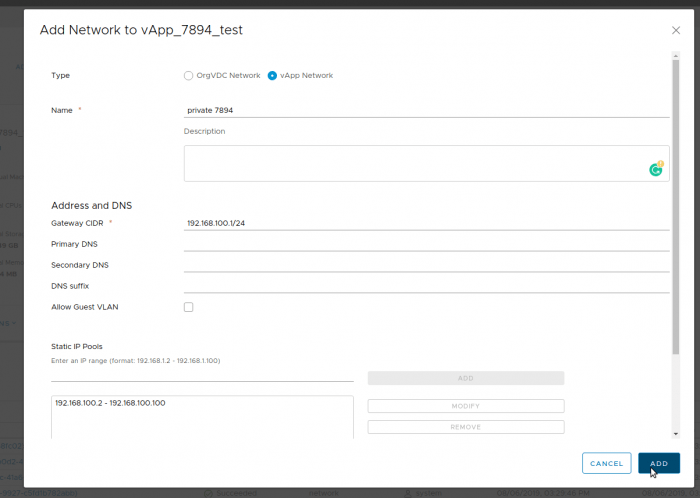 Screenshot of adding a network to vApp.