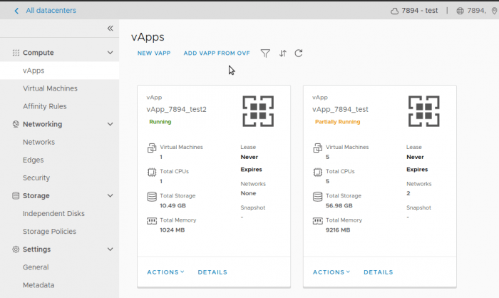 Screenshot of two vApps with overview of virtual servers they contain.