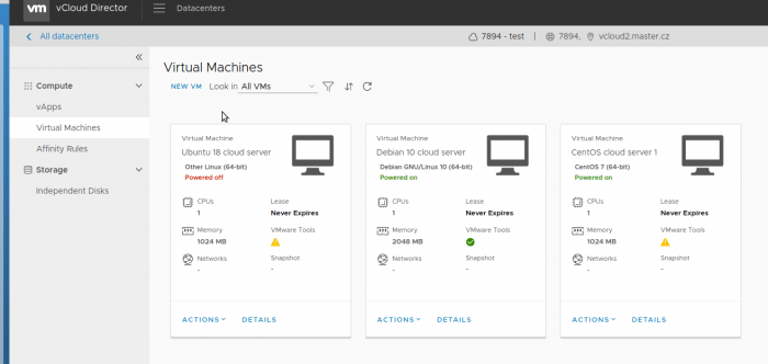 Screenshot of virtual machines overview.