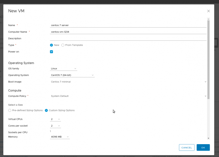 Screenshot of entering a new VM's information.