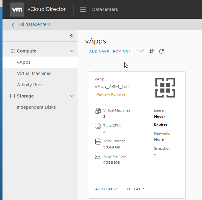 Overview of virtual machines and resources of a vApp.