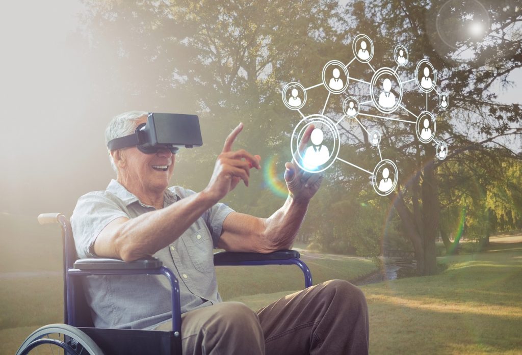 Digital composition of senior man sitting on wheelchair using virtual reality headset and network connecting icons