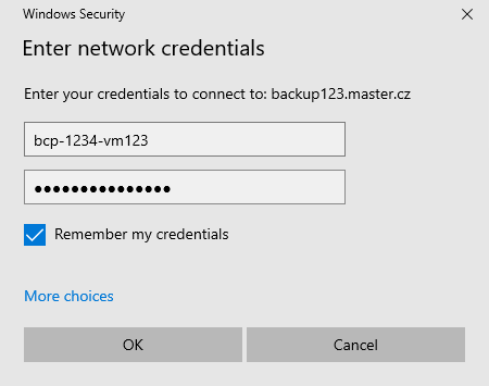 Screenshot of the dialogue window for entering network login credentials. The username is typically in the format bcp-1234-vm123, along with the corresponding password. These login details are provided by MasterDC when the Backup service is set up.